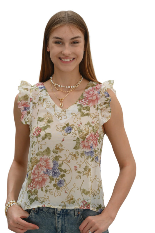 By Christa Floral Chiffon Summer Top Blouse