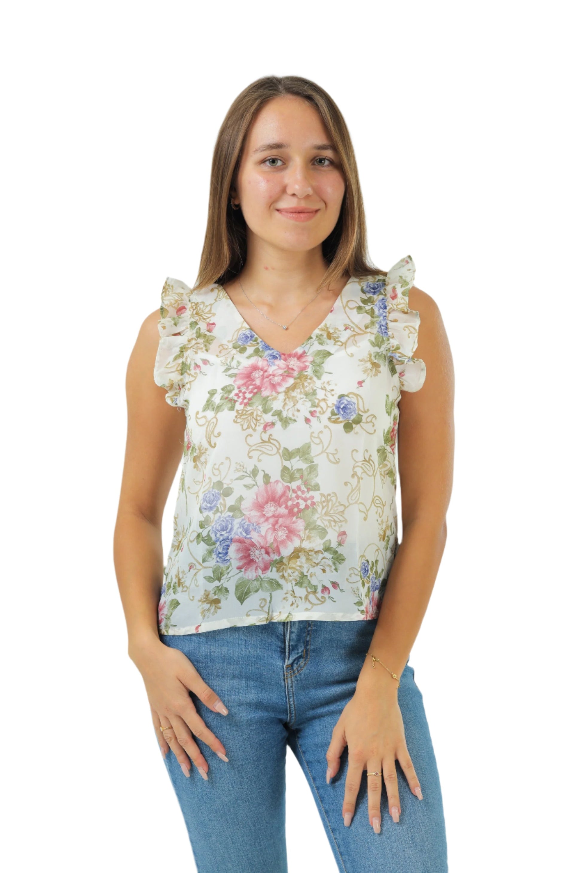 By Christa Floral Chiffon Summer Top Blouse