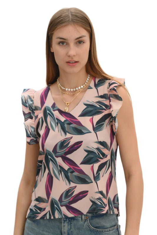 Ruffle Sleeveless Blouse - Leaves